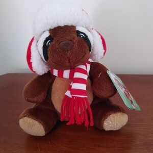Brown Plush Toy with Red and White Accessories